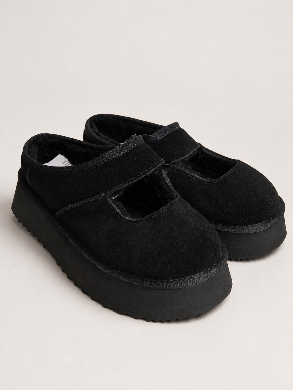 Mary Jane Slippers Black Suede Platform Shearling Slip On Women's 9
